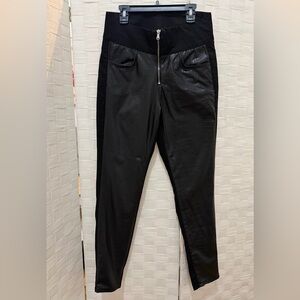 Black Denim Faux Leather Skinny High Waist Front Zipper Pants